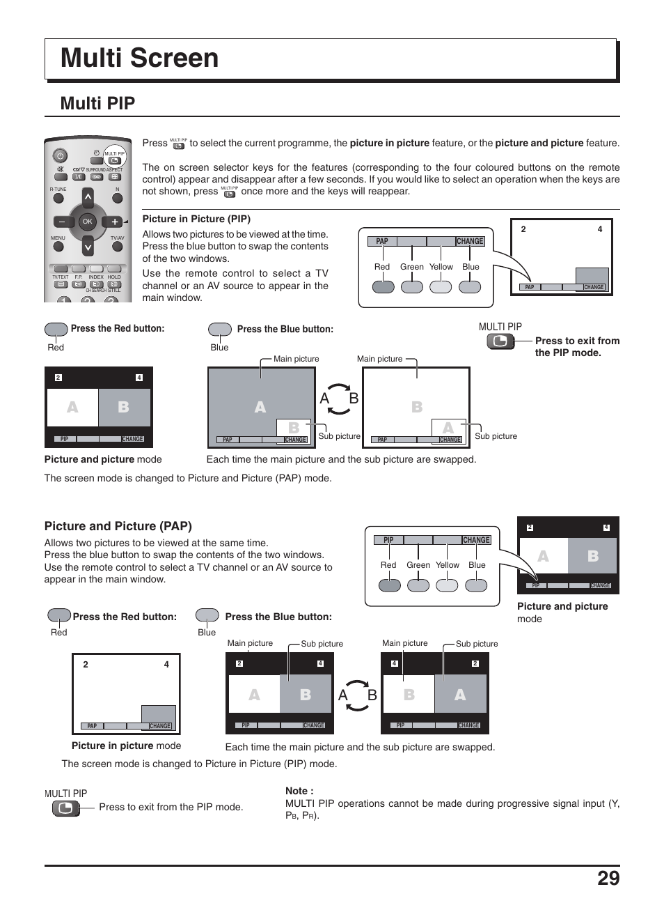 Multi screen, Multi pip, Ab b b a | Panasonic TX-47P950A User Manual | Page 29 / 39