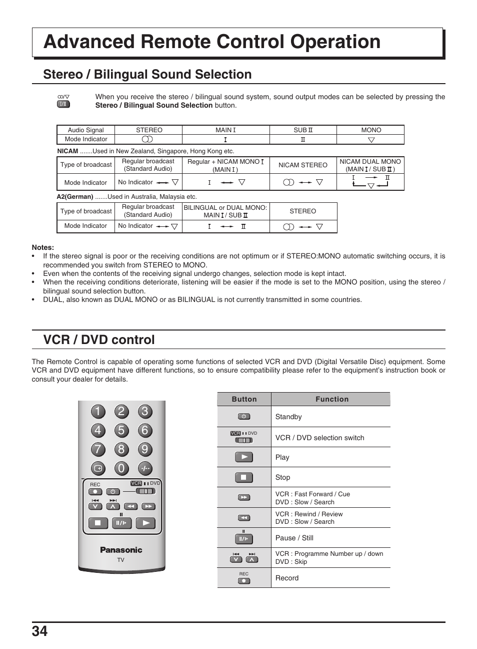 Advanced remote control operation, Stereo / bilingual sound selection, Vcr / dvd control | Panasonic TX-47P950A User Manual | Page 34 / 39