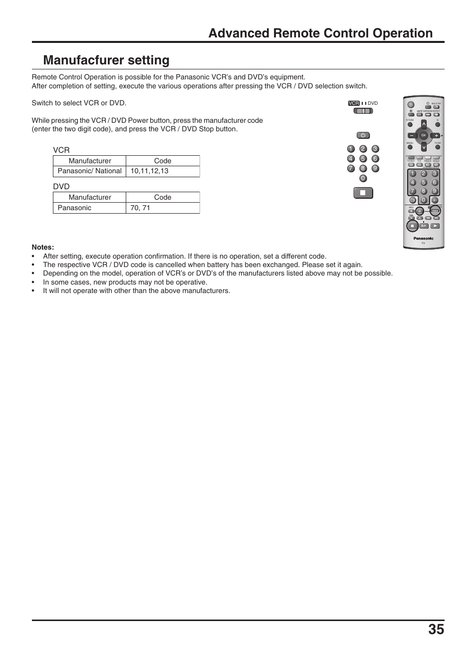 Manufacfurer setting, Advanced remote control operation | Panasonic TX-47P950A User Manual | Page 35 / 39