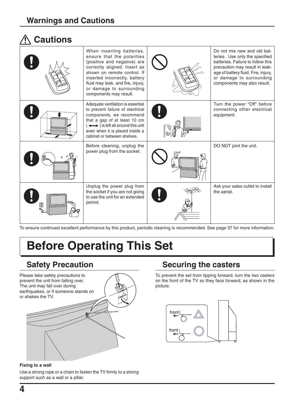 Before operating this set, Cautions, Warnings and cautions | Safety precaution, Securing the casters | Panasonic TX-47P950A User Manual | Page 4 / 39