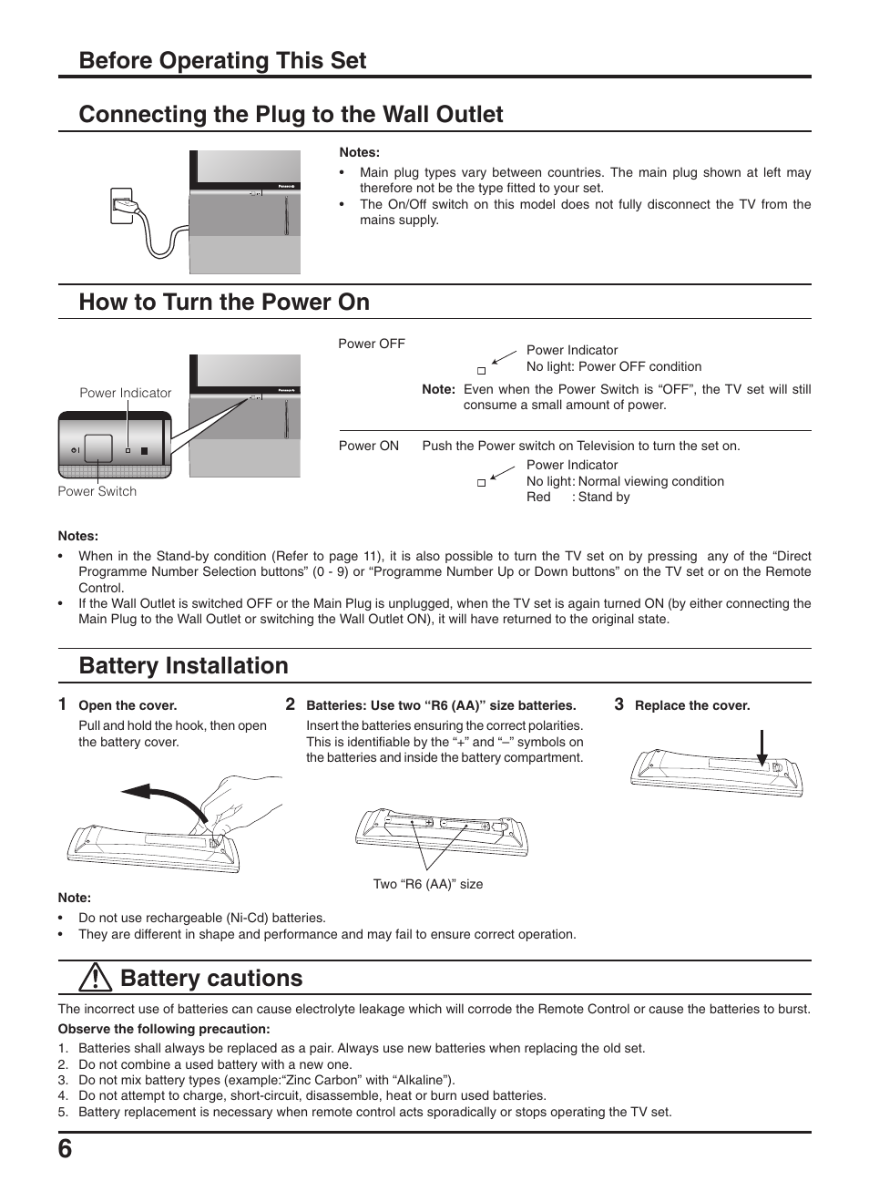 Battery installation, Battery cautions, How to turn the power on | Panasonic TX-47P950A User Manual | Page 6 / 39