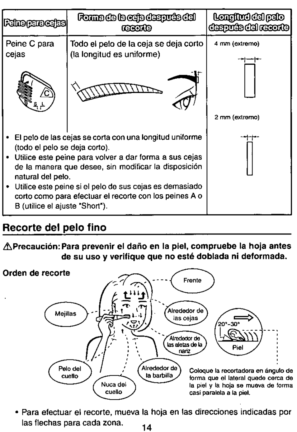 Tsteeabgss, Ïâ(iîe0(fe03, Recorte del pelo fino | Í]3@[sn^eageesca3 | Panasonic ES113 User Manual | Page 15 / 20