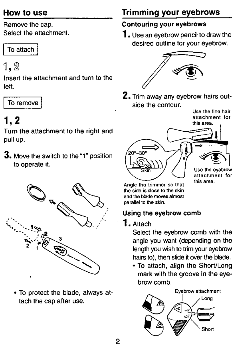 How to use, Trimming your eyebrows | Panasonic ES113 User Manual | Page 3 / 20