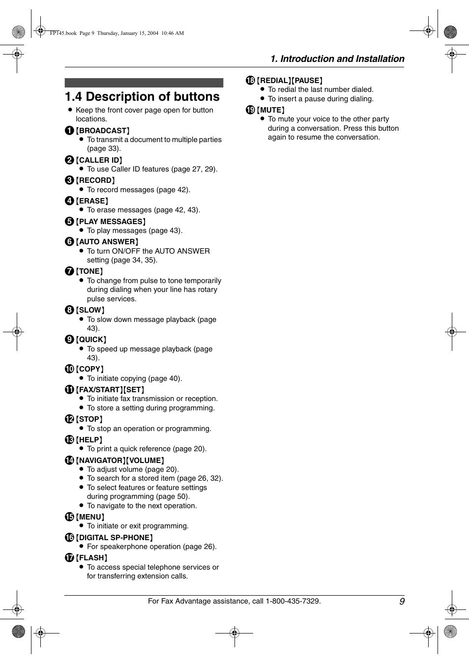 4 description of buttons, Description of buttons, 4 description of buttons | Panasonic KX-FP145 User Manual | Page 11 / 86