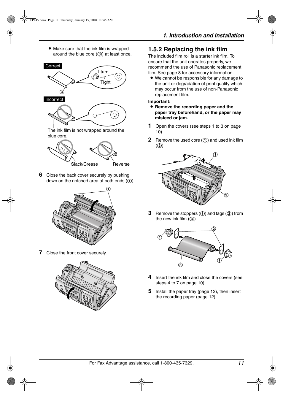 2 replacing the ink film | Panasonic KX-FP145 User Manual | Page 13 / 86