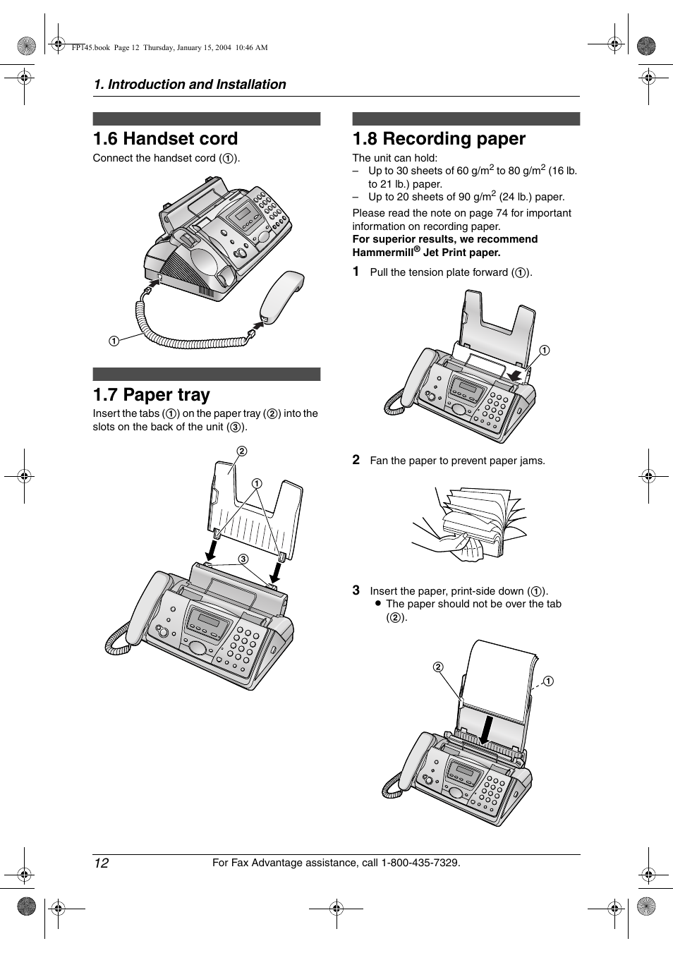 6 handset cord, 7 paper tray, 8 recording paper | Handset cord, Paper tray, Recording paper, 6 handset cord, 7 paper tray, 8 recording paper | Panasonic KX-FP145 User Manual | Page 14 / 86