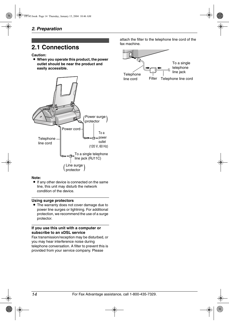 Preparation, Connections and setup, 1 connections | Connections, 1 connections, Preparation 14 | Panasonic KX-FP145 User Manual | Page 16 / 86