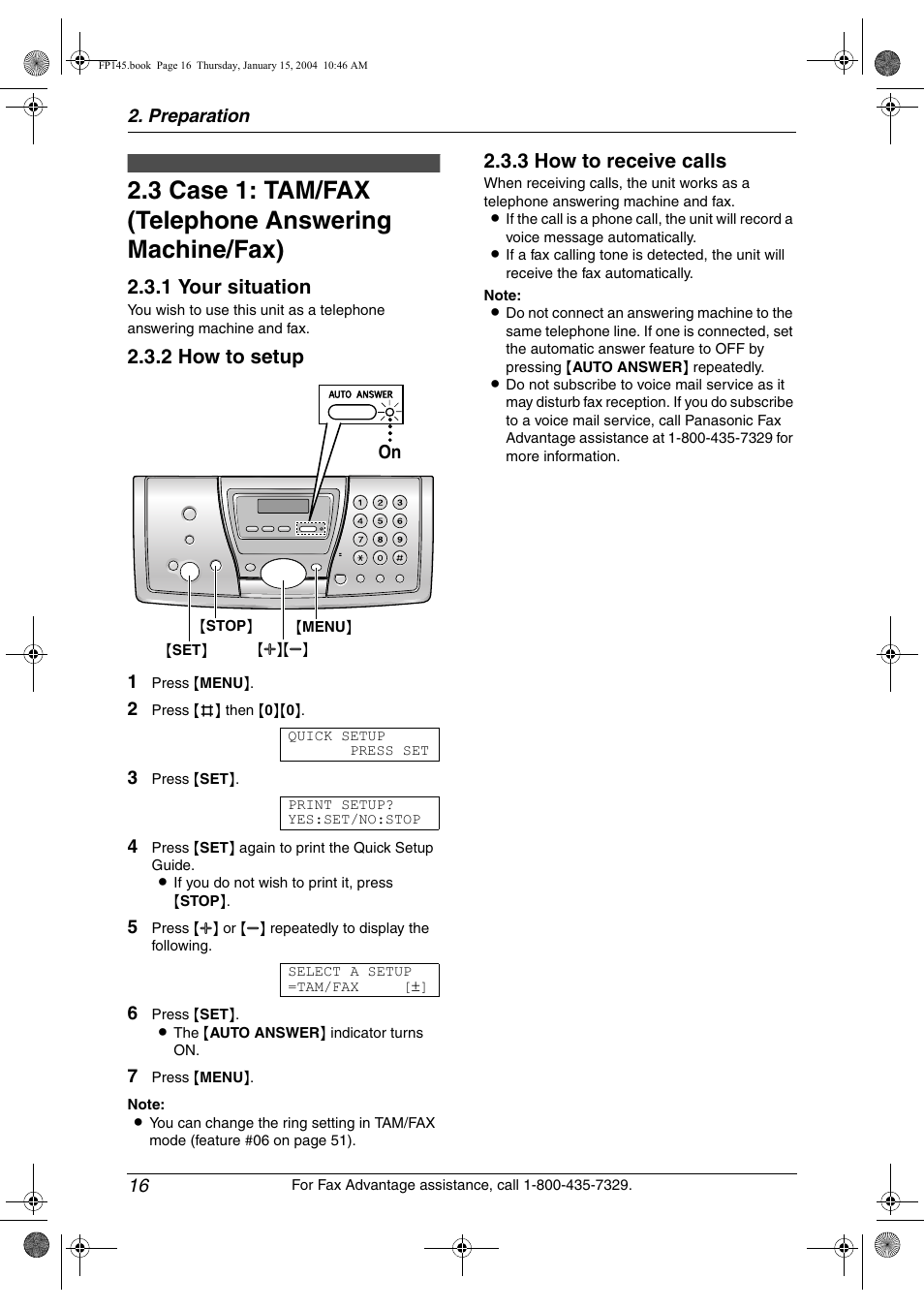 Case 1: tam/fax (telephone answering machine/fax), 1 your situation, 2 how to setup | 3 how to receive calls | Panasonic KX-FP145 User Manual | Page 18 / 86