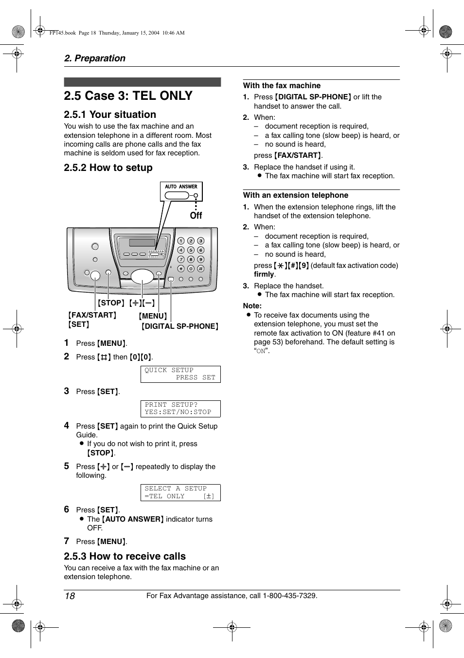 5 case 3: tel only, Case 3: tel only, 5 case 3: tel only | 1 your situation, 2 how to setup, 3 how to receive calls | Panasonic KX-FP145 User Manual | Page 20 / 86