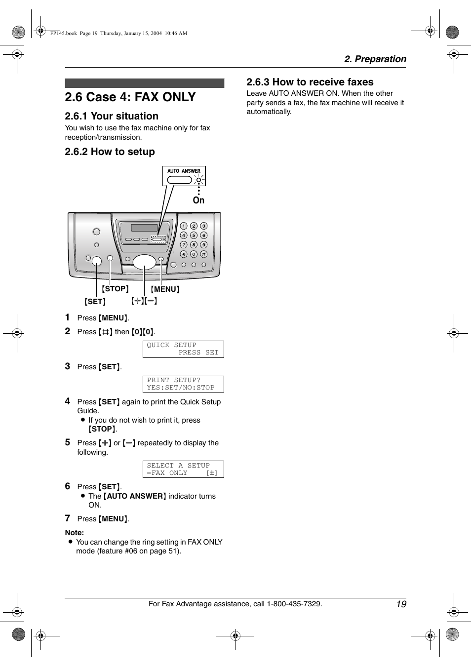 6 case 4: fax only, Case 4: fax only, 6 case 4: fax only | 1 your situation, 2 how to setup, 3 how to receive faxes | Panasonic KX-FP145 User Manual | Page 21 / 86