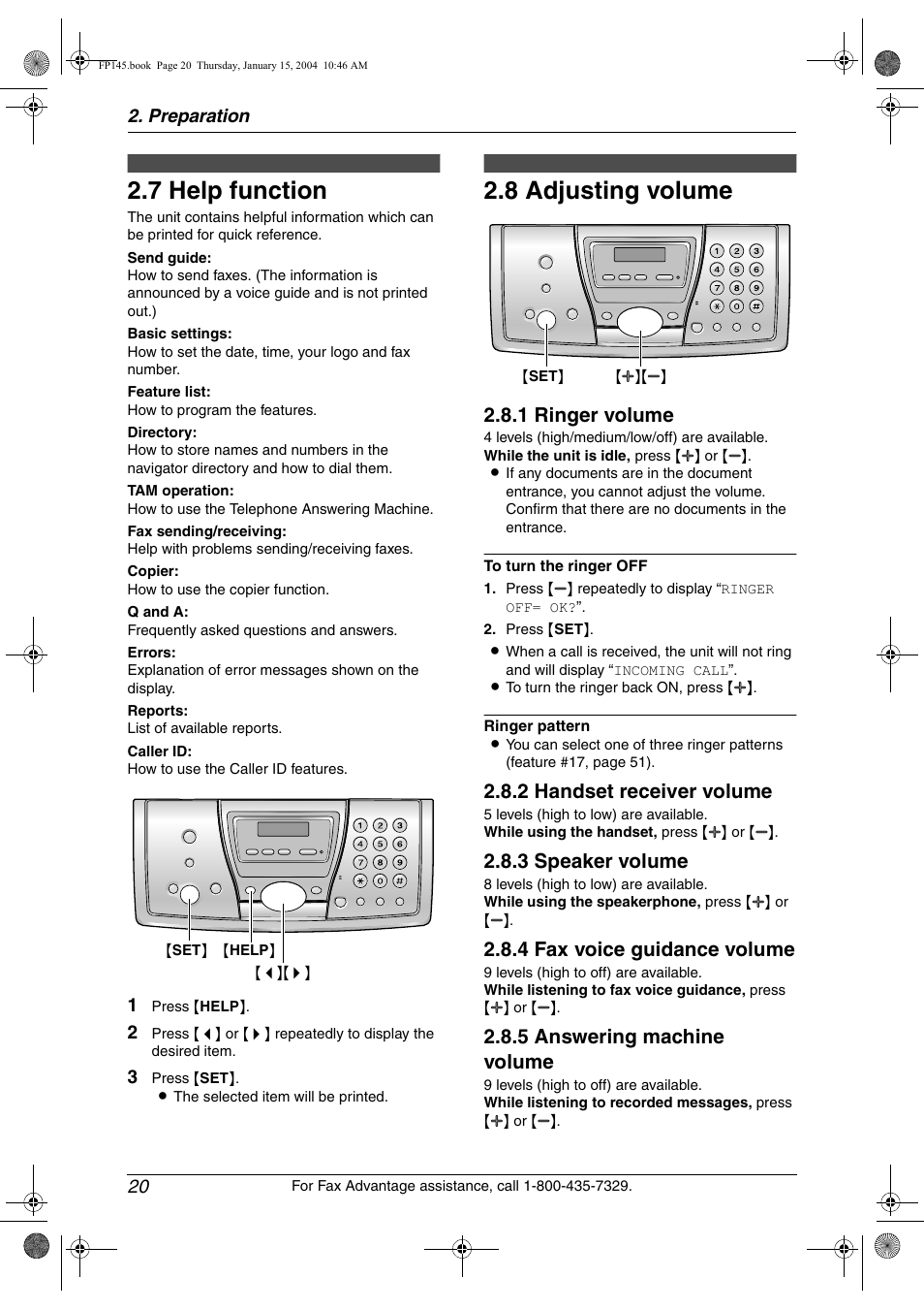 Help button, 7 help function, Volume | 8 adjusting volume, Help function, Adjusting volume, 7 help function, 8 adjusting volume, 1 ringer volume, 2 handset receiver volume | Panasonic KX-FP145 User Manual | Page 22 / 86