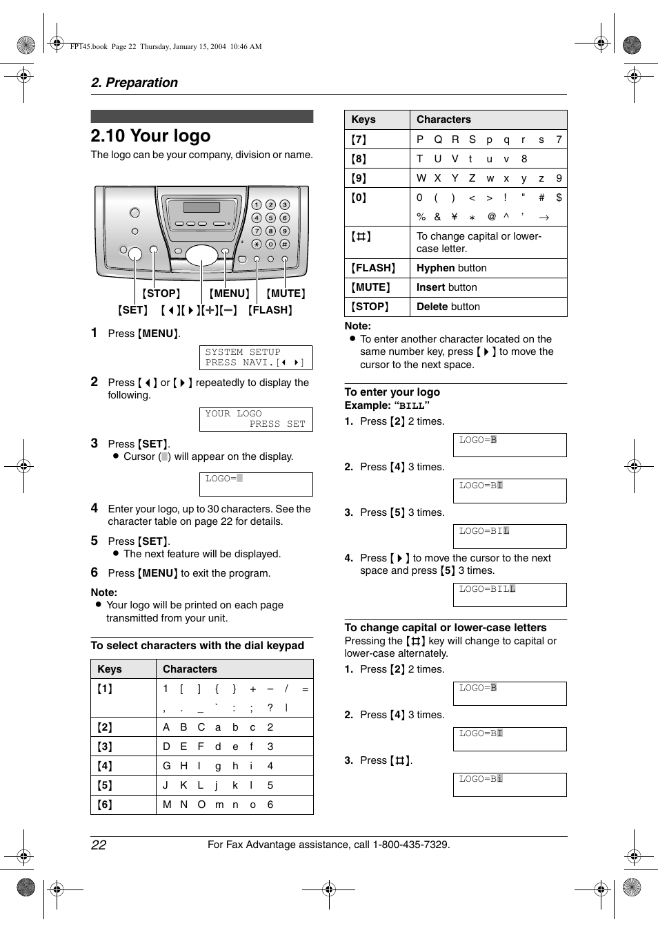 10 your logo, Your logo, 10 your logo | Preparation 22 | Panasonic KX-FP145 User Manual | Page 24 / 86