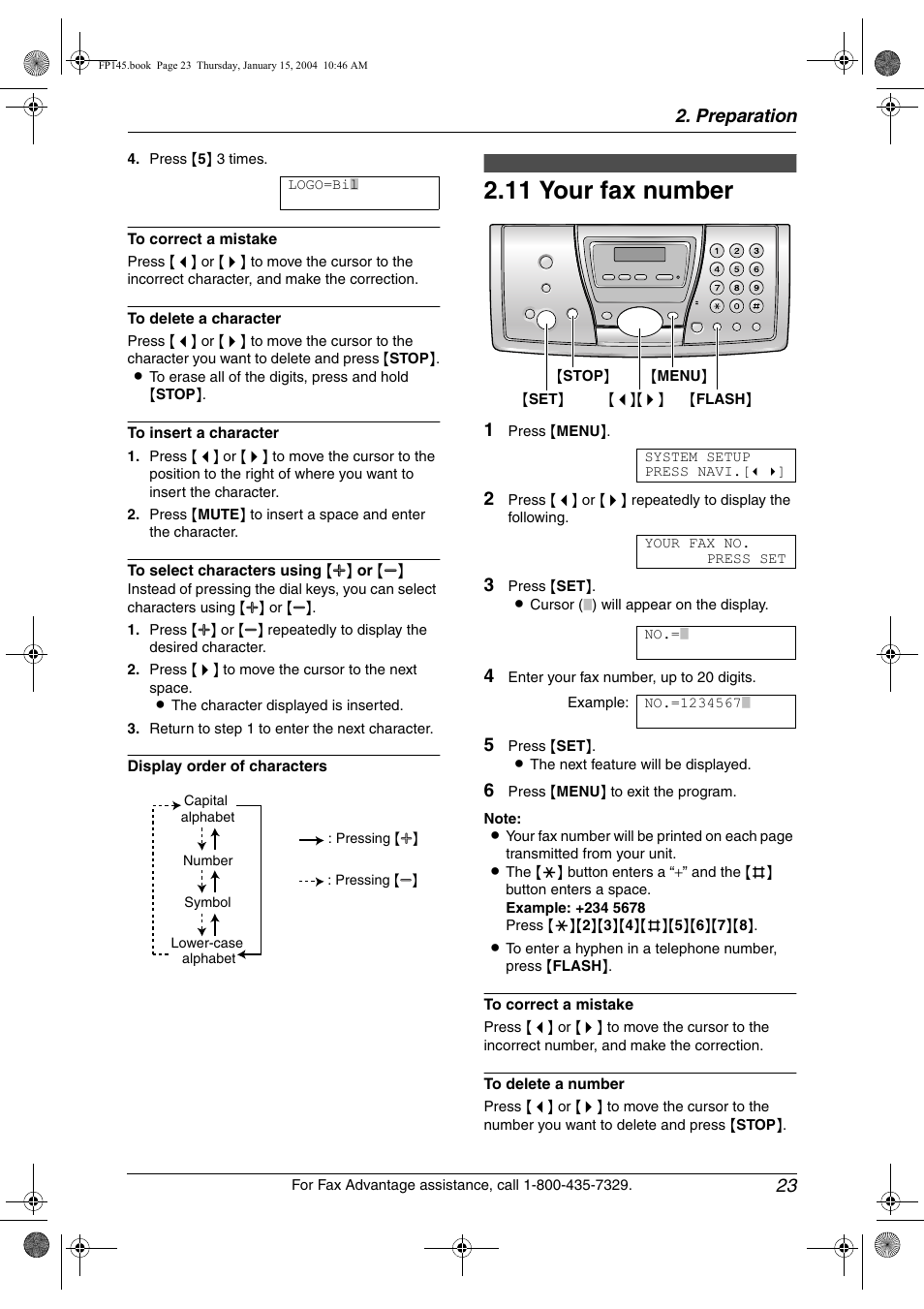 11 your fax number, Your fax number, 11 your fax number | Preparation 23 | Panasonic KX-FP145 User Manual | Page 25 / 86