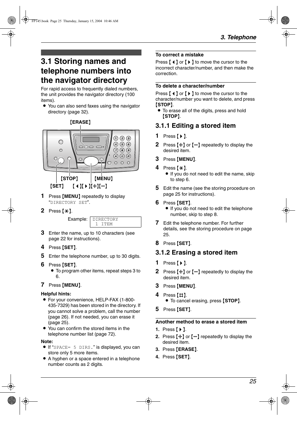Telephone, Automatic dialing, 1 editing a stored item | 2 erasing a stored item | Panasonic KX-FP145 User Manual | Page 27 / 86