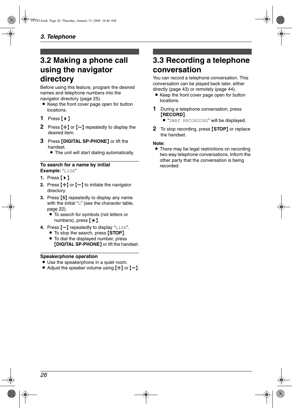 Recording, 3 recording a telephone conversation, Making a phone call using the navigator directory | Recording a telephone conversation 26, 3 recording a telephone conversation | Panasonic KX-FP145 User Manual | Page 28 / 86