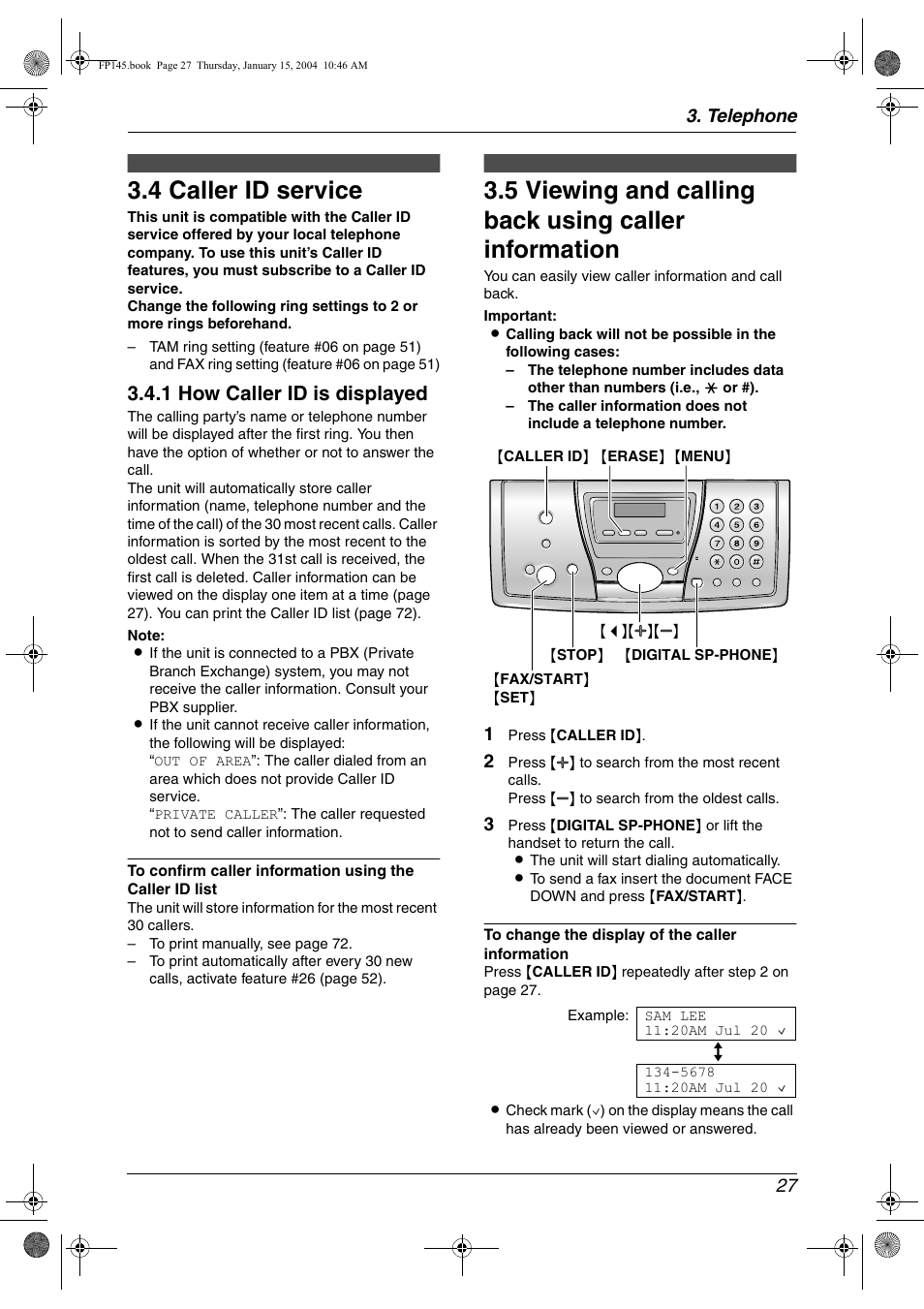 Caller id, 4 caller id service, Caller id service | Viewing and calling back using caller information, 4 caller id service, 1 how caller id is displayed | Panasonic KX-FP145 User Manual | Page 29 / 86