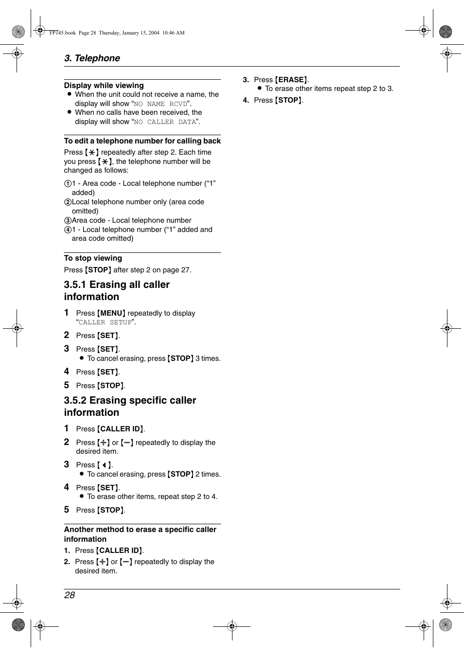 1 erasing all caller information, 2 erasing specific caller information | Panasonic KX-FP145 User Manual | Page 30 / 86