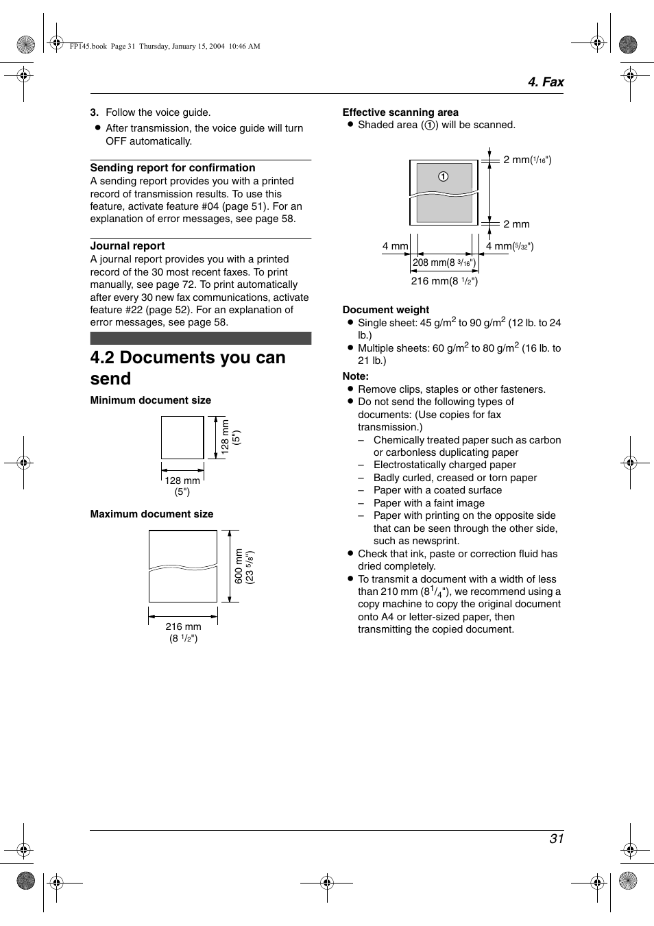 2 documents you can send, Documents you can send, 2 documents you can send | Fax 31 | Panasonic KX-FP145 User Manual | Page 33 / 86