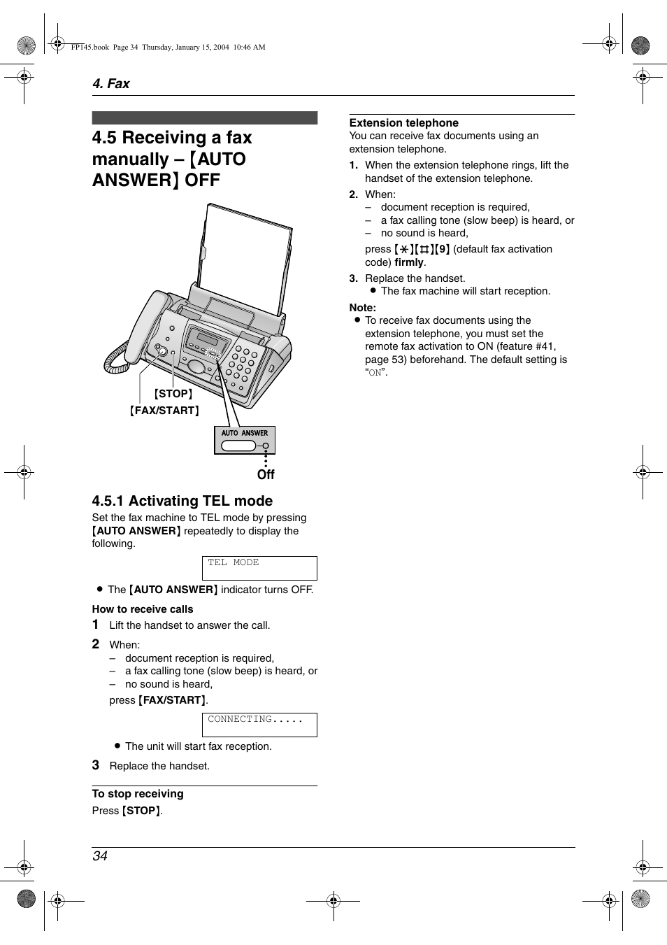 Receiving faxes, 5 receiving a fax manually – {auto answer} off, Receiving a fax manually | 5 receiving a fax manually – { auto answer } off, 1 activating tel mode, Fax 34 | Panasonic KX-FP145 User Manual | Page 36 / 86