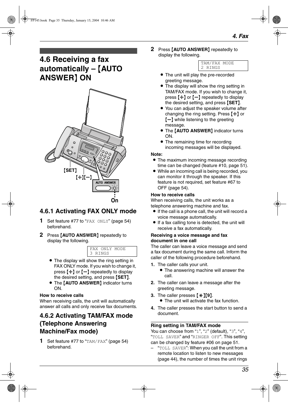 Receiving a fax automatically, 1 activating fax only mode | Panasonic KX-FP145 User Manual | Page 37 / 86