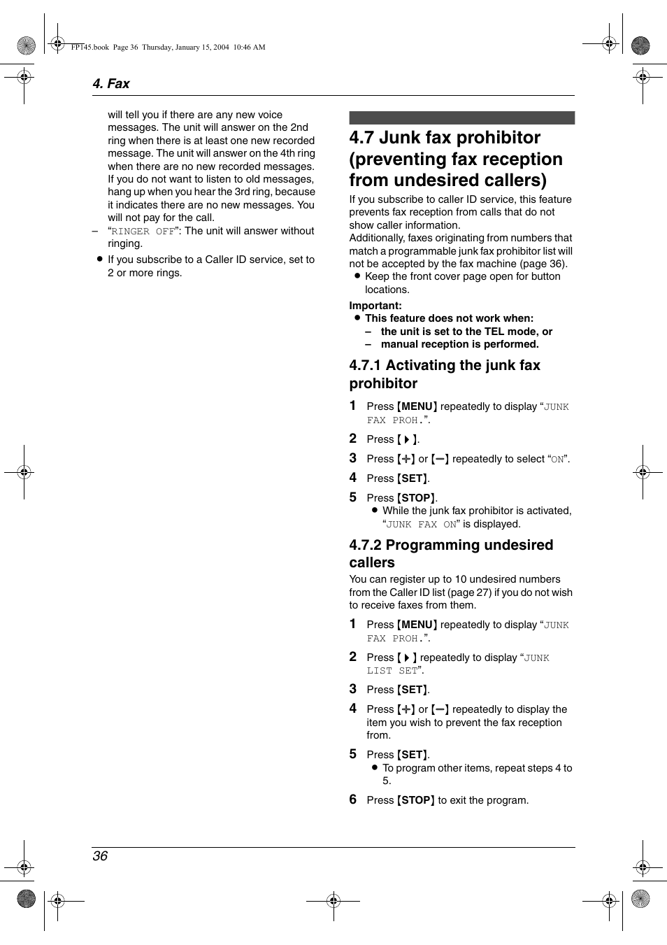 1 activating the junk fax prohibitor, 2 programming undesired callers | Panasonic KX-FP145 User Manual | Page 38 / 86