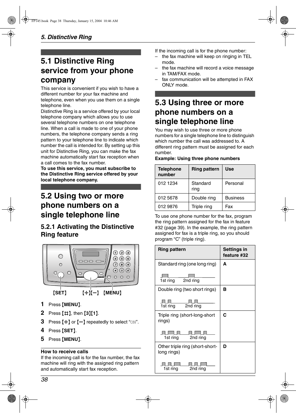 Distinctive ring, Distinctive ring service from your phone company, 1 distinctive ring service from your phone company | 1 activating the distinctive ring feature, Distinctive ring 38 | Panasonic KX-FP145 User Manual | Page 40 / 86