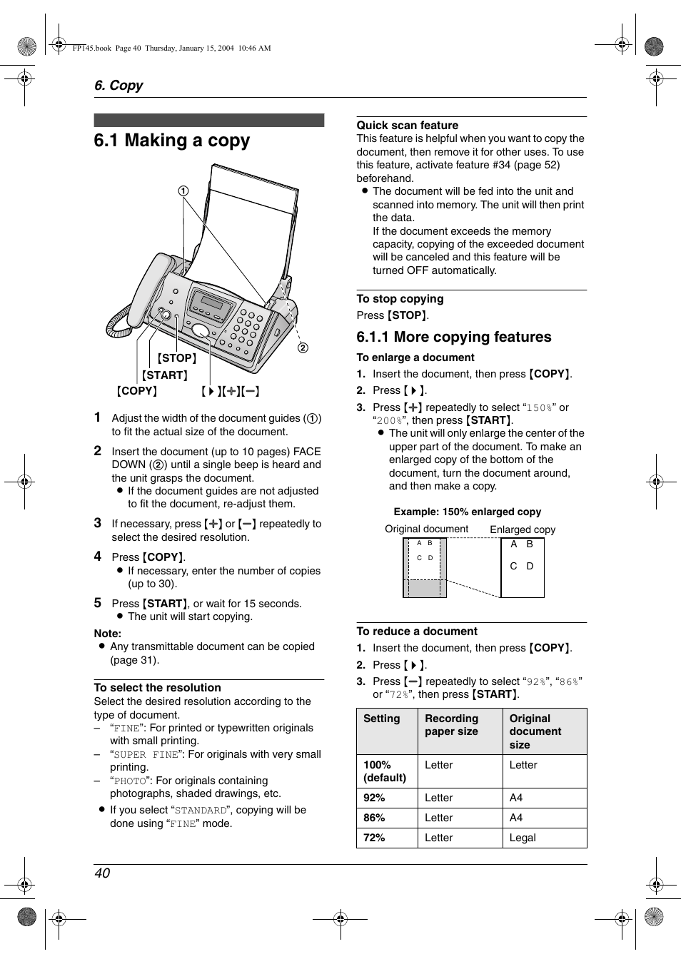 Copy, Copying, 1 making a copy | Making a copy, 1 making a copy, 1 more copying features, Copy 40 | Panasonic KX-FP145 User Manual | Page 42 / 86