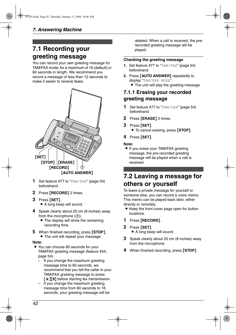 Answering machine, Greeting, 1 recording your greeting message | Memo message, 2 leaving a message for others or yourself, Recording your greeting message, Leaving a message for others or yourself, 1 recording your greeting message, 2 leaving a message for others or yourself, 1 erasing your recorded greeting message | Panasonic KX-FP145 User Manual | Page 44 / 86