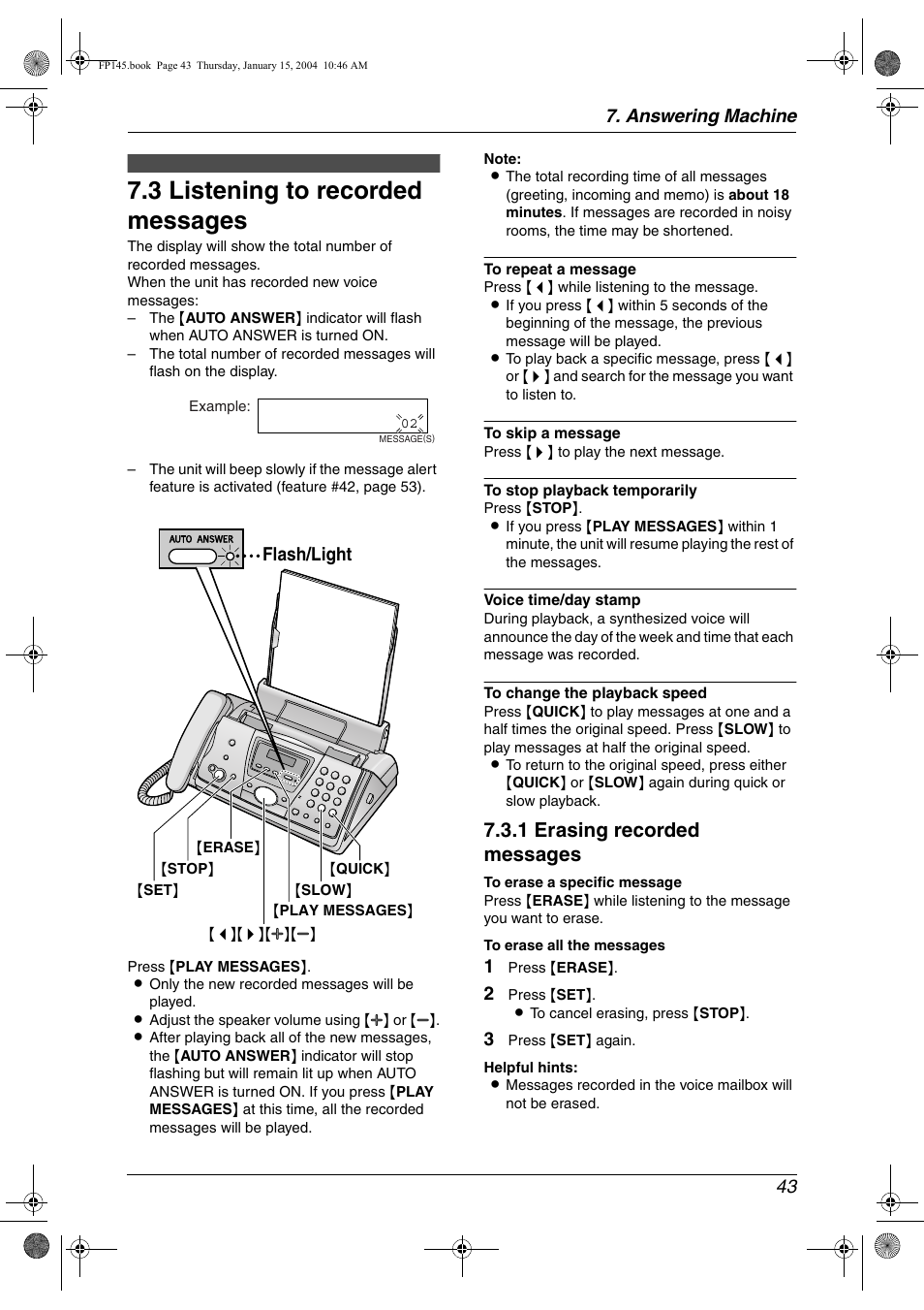 Incoming messages, 3 listening to recorded messages, Listening to recorded messages | 3 listening to recorded messages, 1 erasing recorded messages, Answering machine 43, Flash/light | Panasonic KX-FP145 User Manual | Page 45 / 86