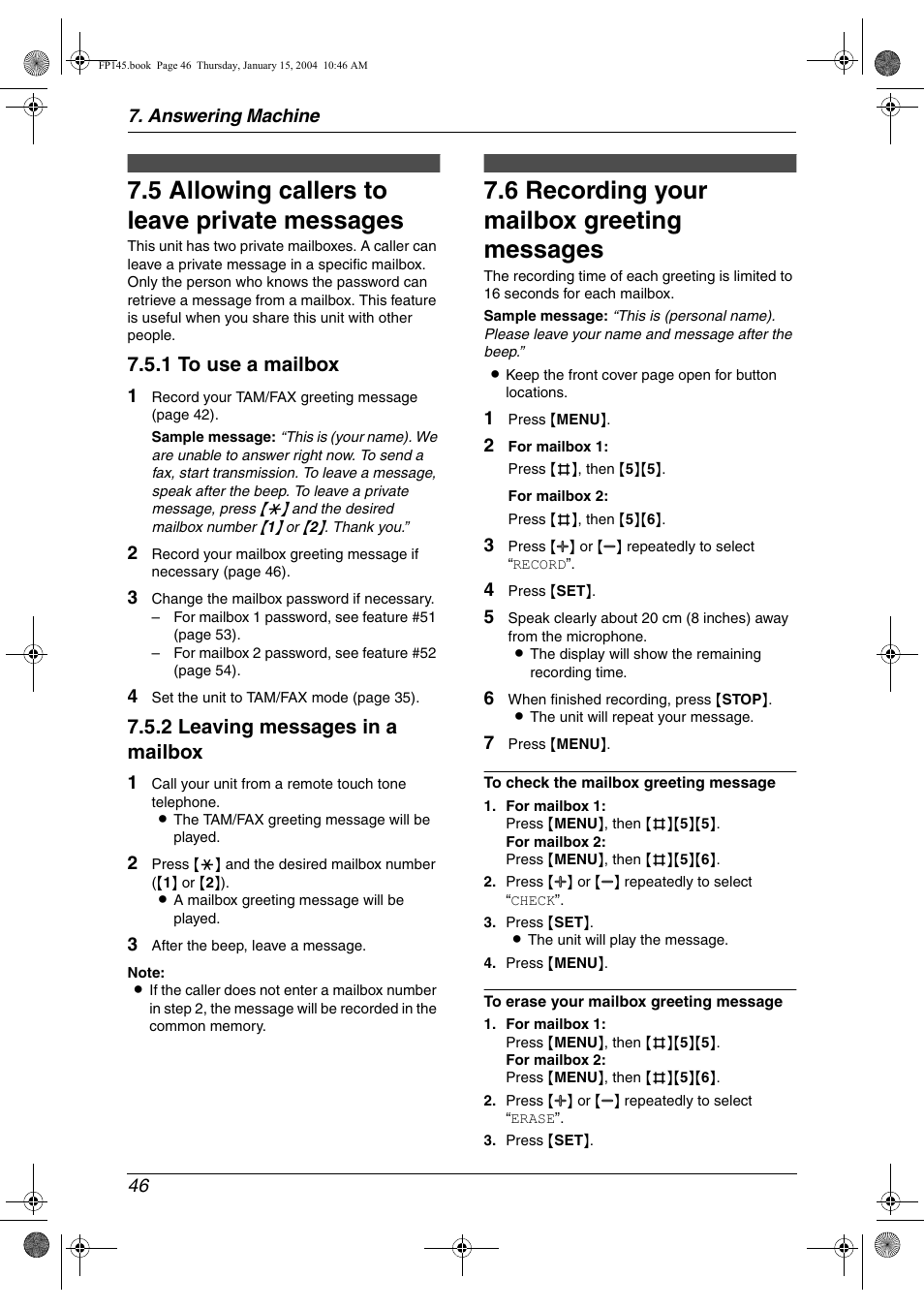 Voice mailbox, 5 allowing callers to leave private messages, 6 recording your mailbox greeting messages | Allowing callers to leave private messages, Recording your mailbox greeting messages, 5 allowing callers to leave private messages, 6 recording your mailbox greeting messages, 1 to use a mailbox, 2 leaving messages in a mailbox | Panasonic KX-FP145 User Manual | Page 48 / 86