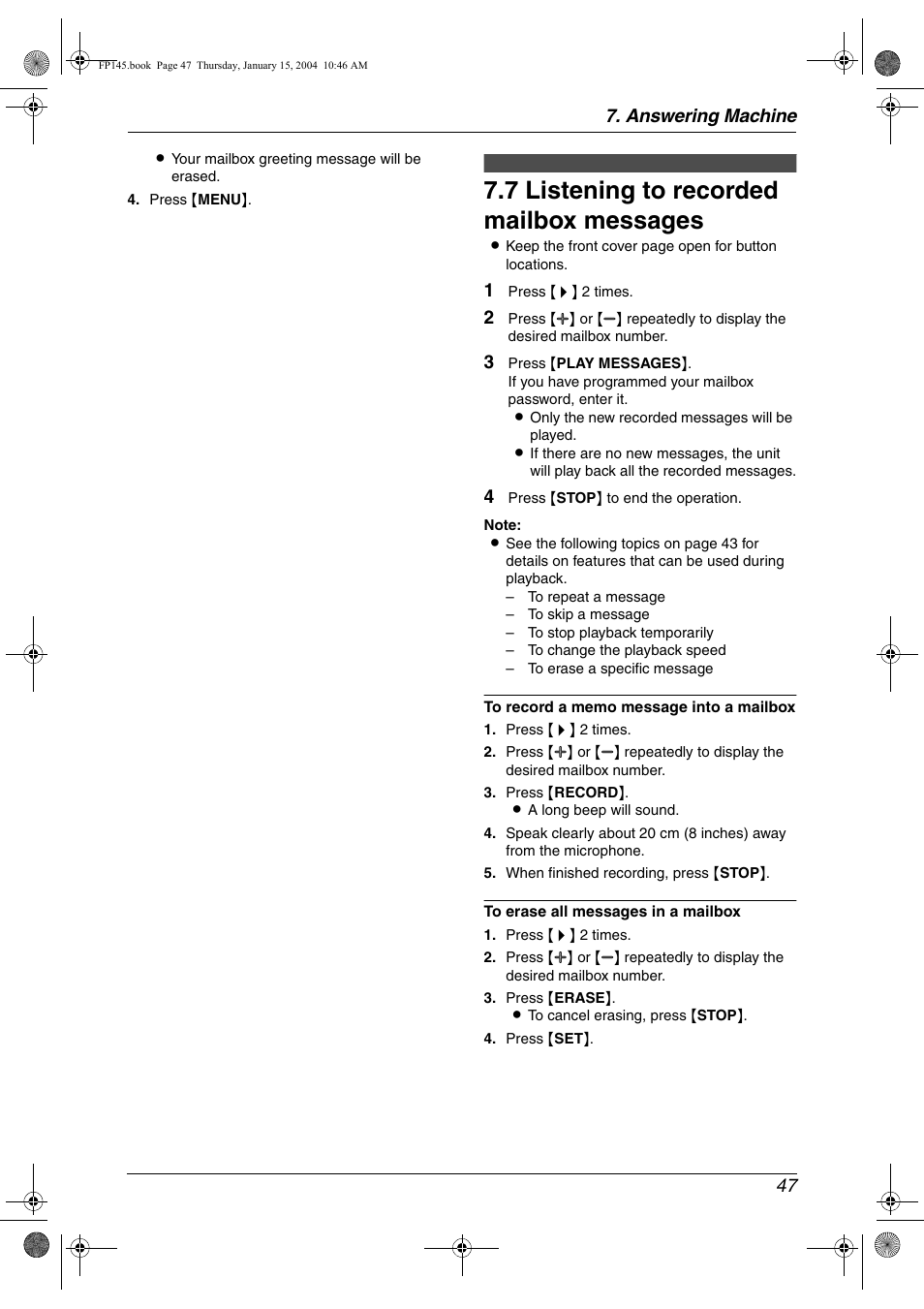 7 listening to recorded mailbox messages, Listening to recorded mailbox messages, 7 listening to recorded mailbox messages | Panasonic KX-FP145 User Manual | Page 49 / 86