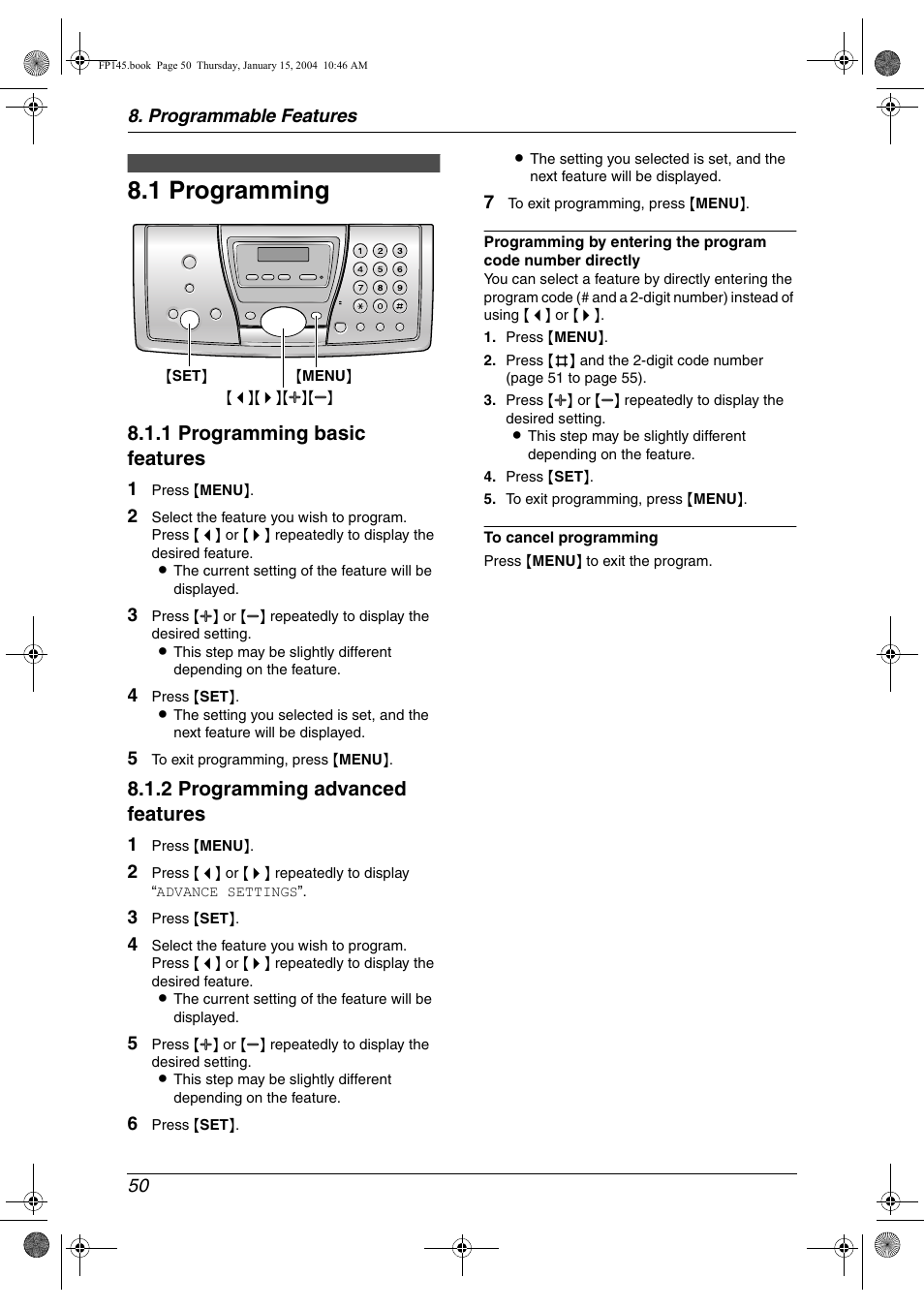 Programmable features, Features, 1 programming | Programming, 1 programming, 1 programming basic features, 2 programming advanced features | Panasonic KX-FP145 User Manual | Page 52 / 86