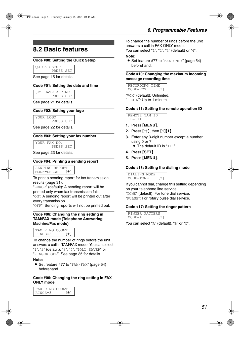 2 basic features, Basic features, 2 basic features | Programmable features 51 | Panasonic KX-FP145 User Manual | Page 53 / 86