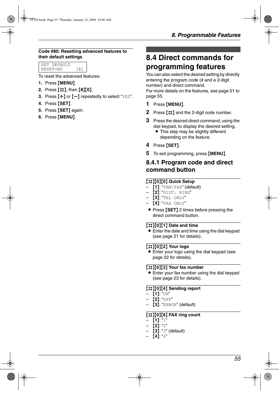 4 direct commands for programming features, Direct commands for programming features, 4 direct commands for programming features | 1 program code and direct command button, Programmable features 55 | Panasonic KX-FP145 User Manual | Page 57 / 86