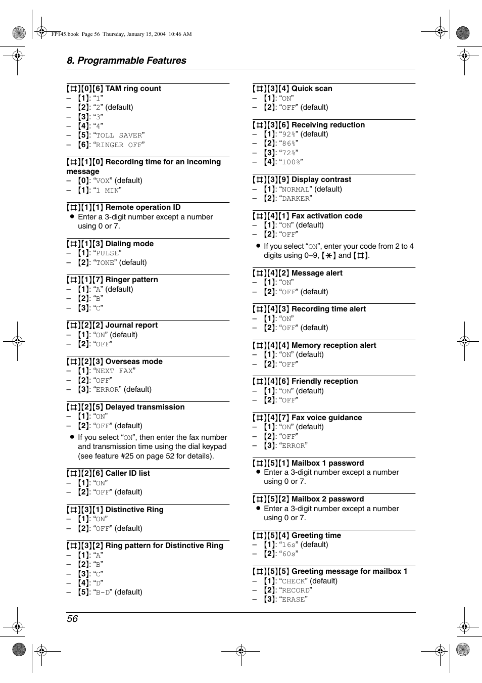 Programmable features 56 | Panasonic KX-FP145 User Manual | Page 58 / 86