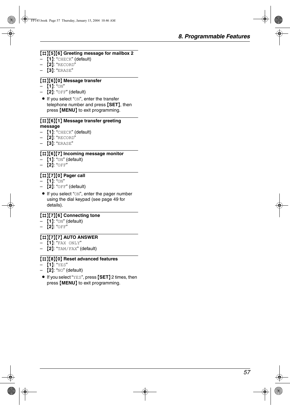 Programmable features 57 | Panasonic KX-FP145 User Manual | Page 59 / 86