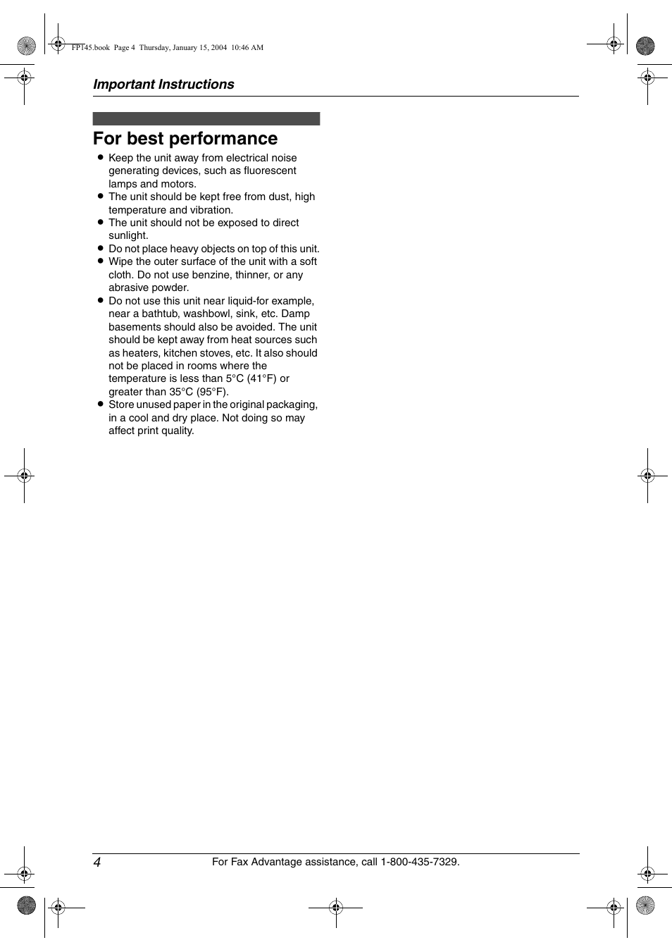 For best performance | Panasonic KX-FP145 User Manual | Page 6 / 86