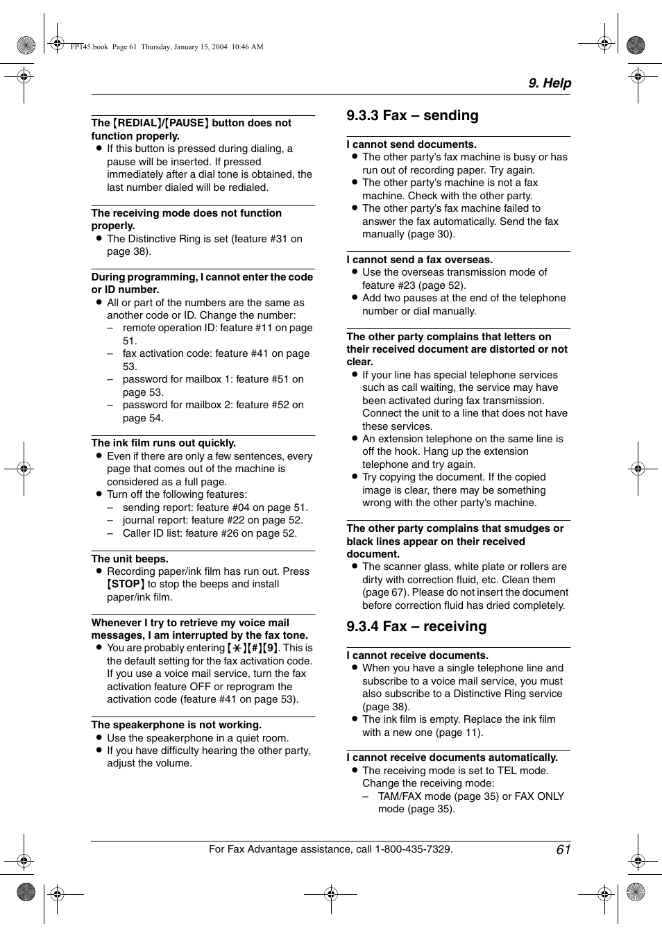 3 fax – sending, 4 fax – receiving, Help 61 | Panasonic KX-FP145 User Manual | Page 63 / 86