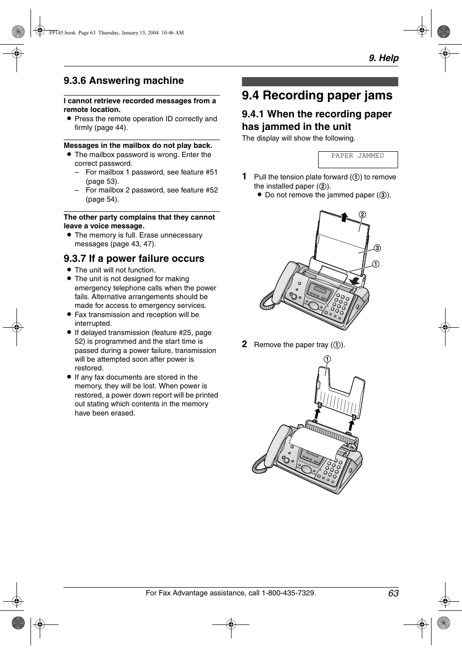 Jams, 4 recording paper jams, Recording paper jams | 4 recording paper jams, 6 answering machine, 7 if a power failure occurs, 1 when the recording paper has jammed in the unit, Help 63 | Panasonic KX-FP145 User Manual | Page 65 / 86