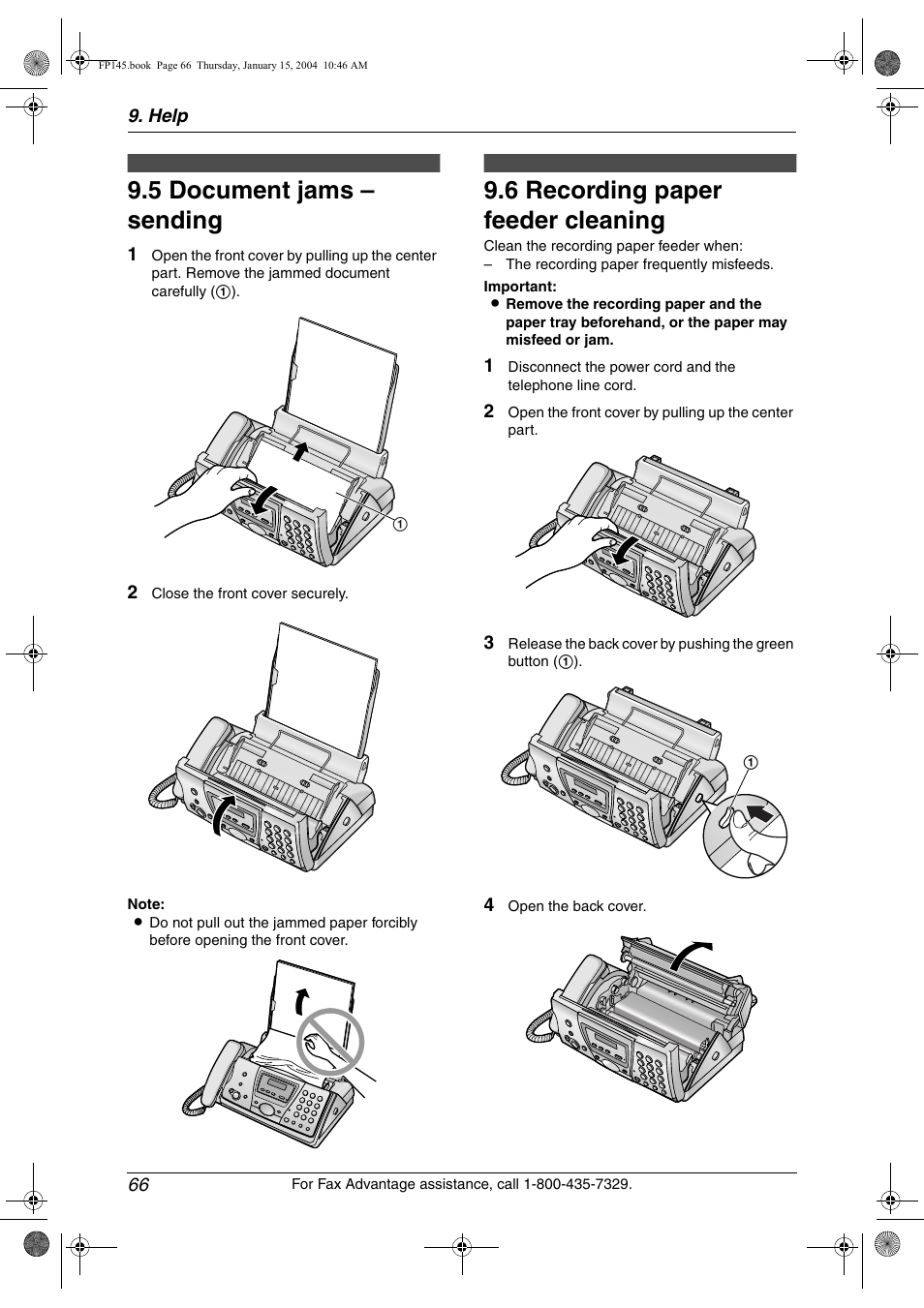 5 document jams – sending, Cleaning, 6 recording paper feeder cleaning | Document jams – sending, Recording paper feeder cleaning, 5 document jams – sending, 6 recording paper feeder cleaning | Panasonic KX-FP145 User Manual | Page 68 / 86