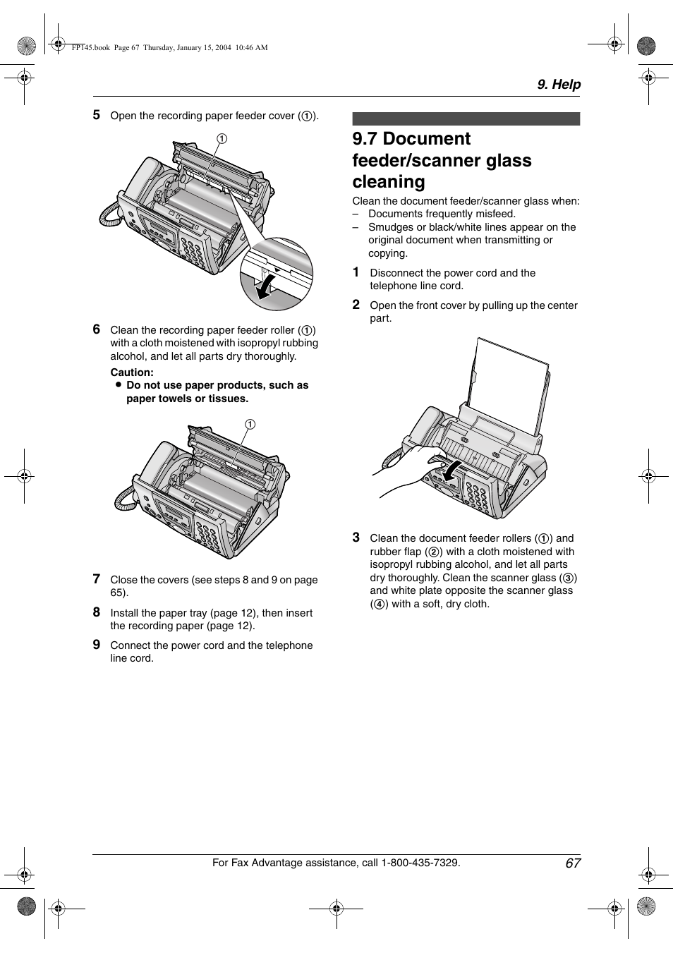 7 document feeder/scanner glass cleaning, Document feeder/scanner glass cleaning, 7 document feeder/scanner glass cleaning | Panasonic KX-FP145 User Manual | Page 69 / 86