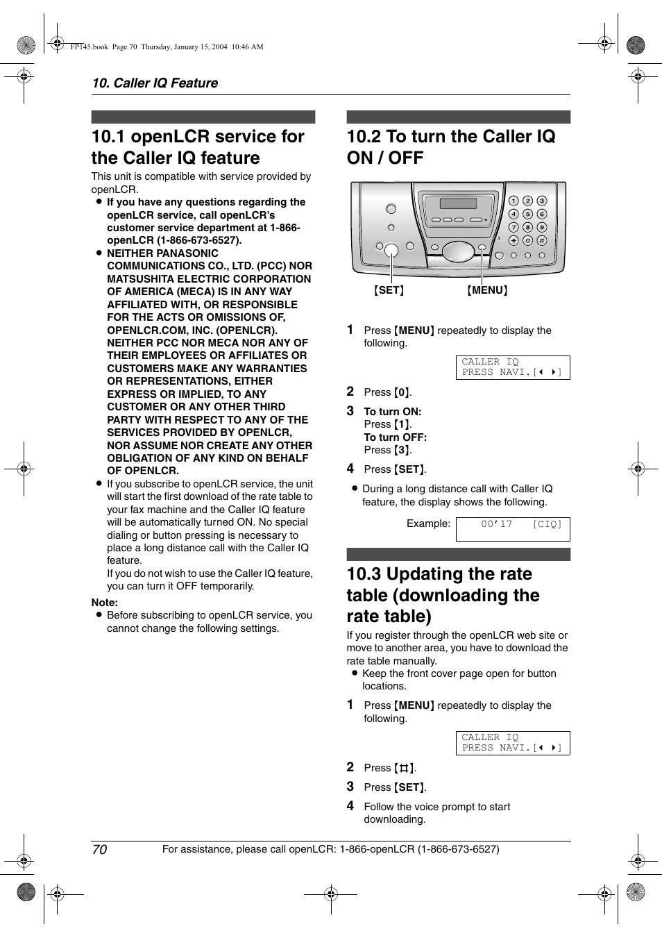 Caller iq feature, 1 openlcr service for the caller iq feature, 2 to turn the caller iq on / off | Openlcr service for the caller iq, Feature, To turn the caller iq on / off, Updating the rate table (downloading, The rate table), 1 openlcr service for the caller iq feature, 2 to turn the caller iq on / off | Panasonic KX-FP145 User Manual | Page 72 / 86