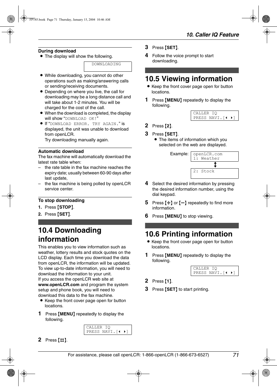 4 downloading information, 5 viewing information, 6 printing information | Downloading information, Viewing information, Printing information, 4 downloading information, 5 viewing information, 6 printing information | Panasonic KX-FP145 User Manual | Page 73 / 86