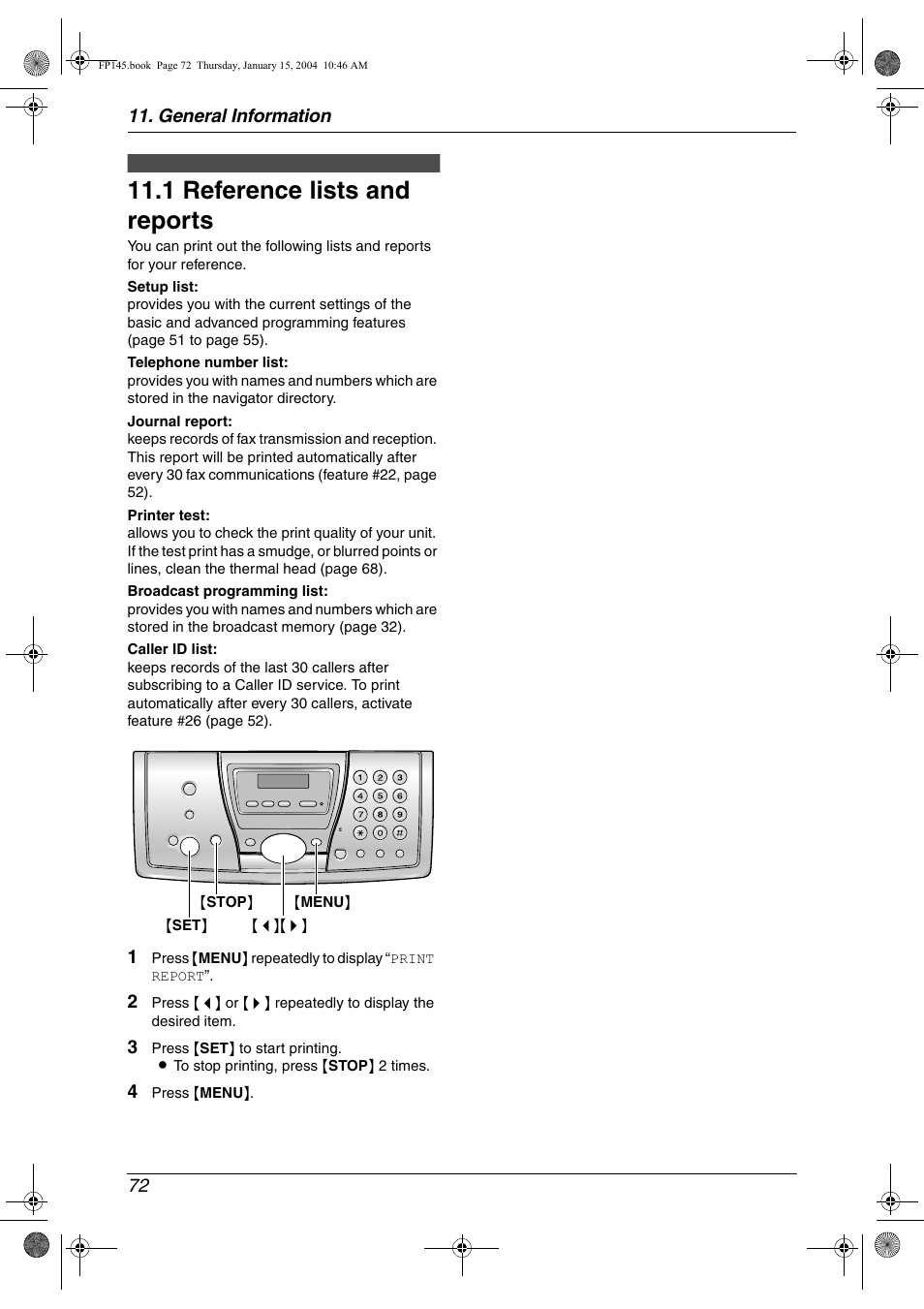 General information, Printed reports, 1 reference lists and reports | Reference lists and reports, 1 reference lists and reports, General information 72 | Panasonic KX-FP145 User Manual | Page 74 / 86