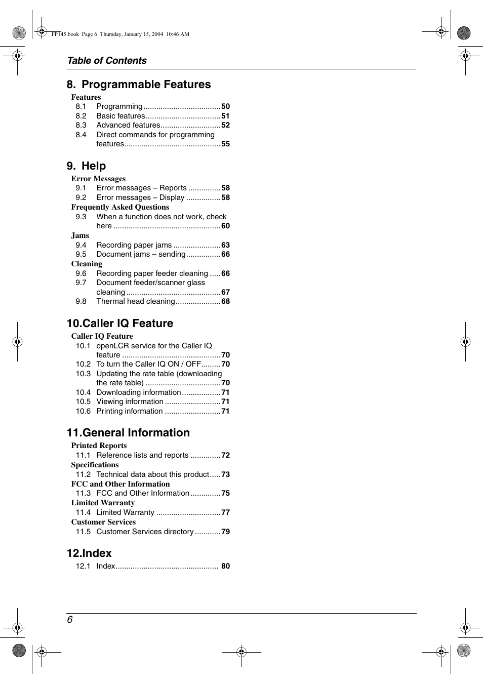 Programmable features, Help, Caller iq feature | General information, Index | Panasonic KX-FP145 User Manual | Page 8 / 86