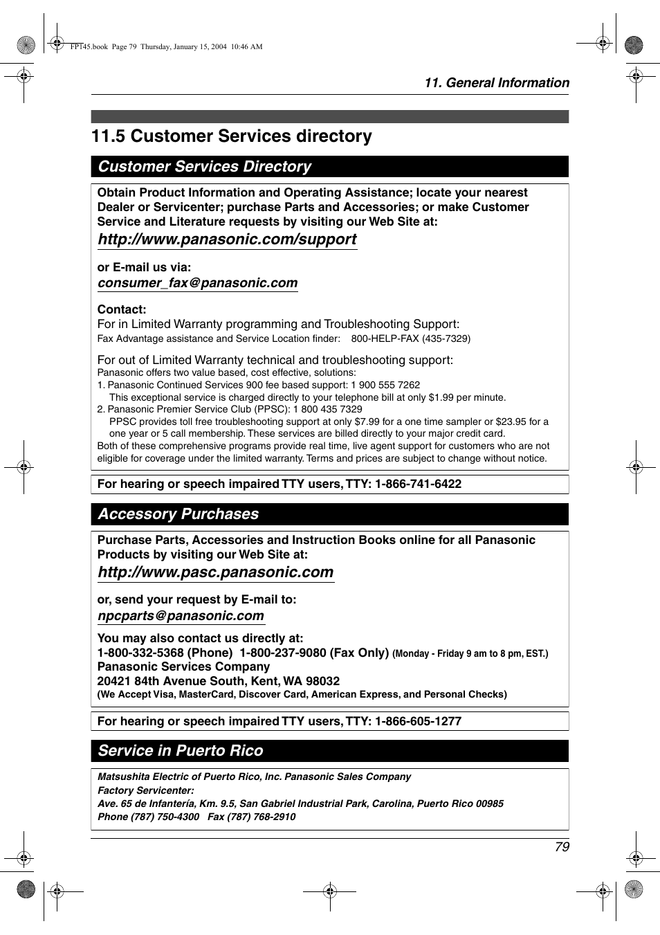 Customer services, 5 customer services directory, Customer services directory | 5 customer services directory, Accessory purchases service in puerto rico | Panasonic KX-FP145 User Manual | Page 81 / 86