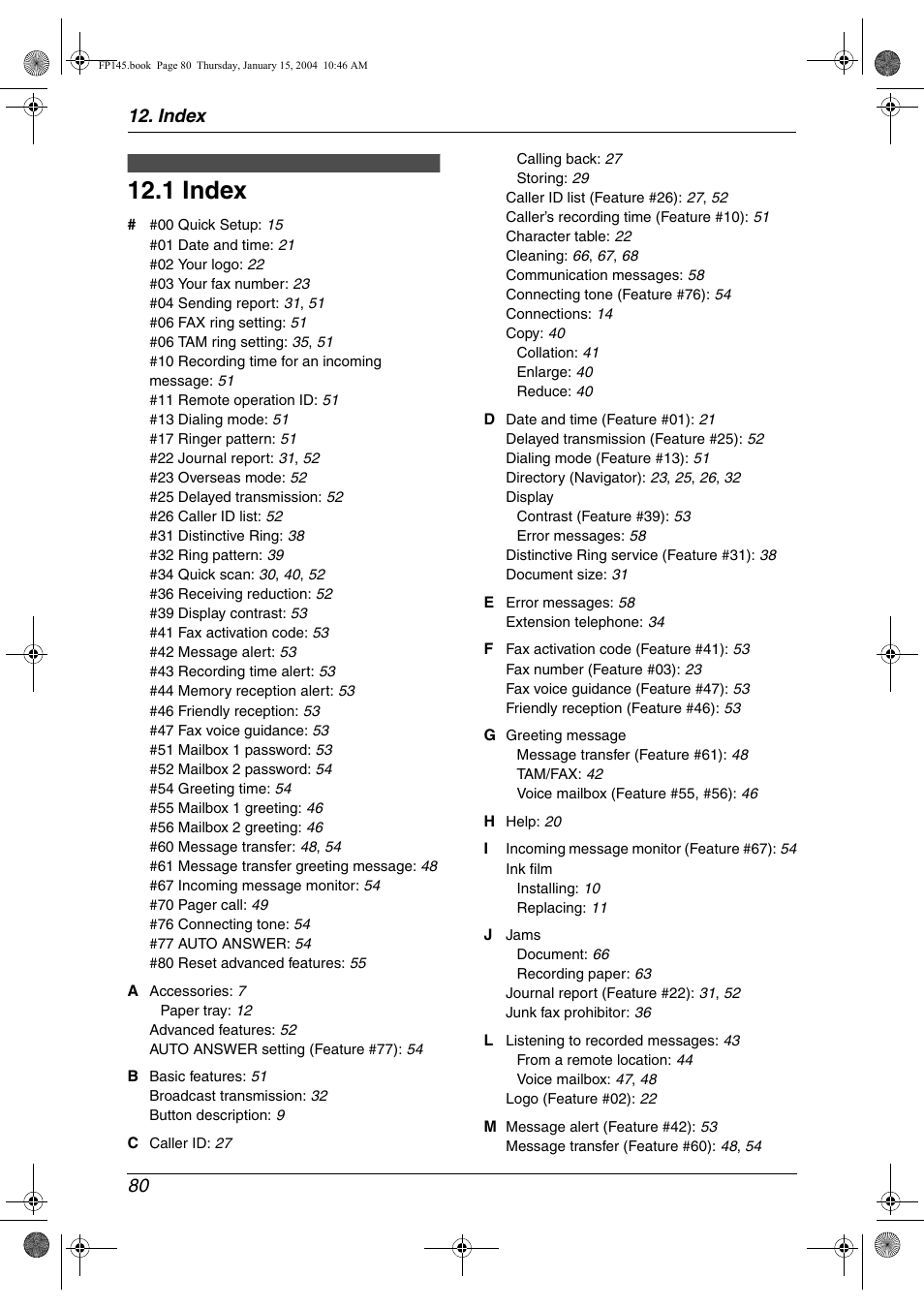 Index, 1 index, Index 80 | Panasonic KX-FP145 User Manual | Page 82 / 86