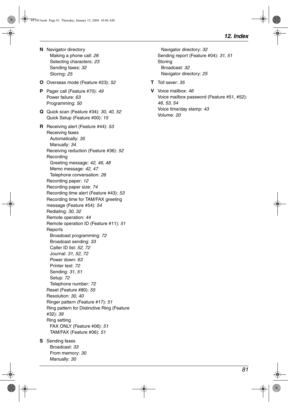 Index 81 | Panasonic KX-FP145 User Manual | Page 83 / 86