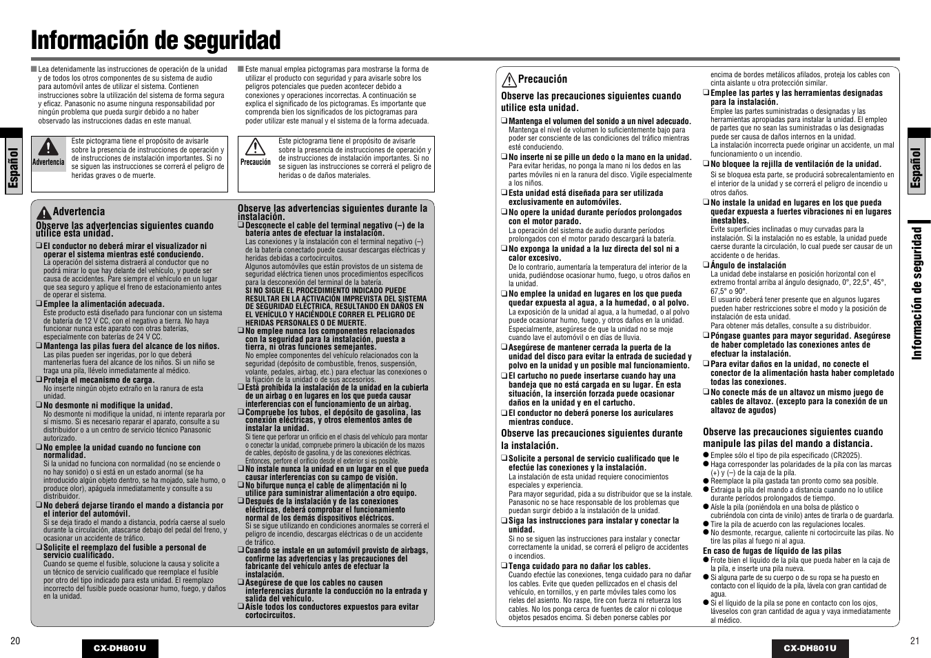 Información de seguridad, Español, Información de seguridad español | Panasonic CX-DH801U User Manual | Page 11 / 36