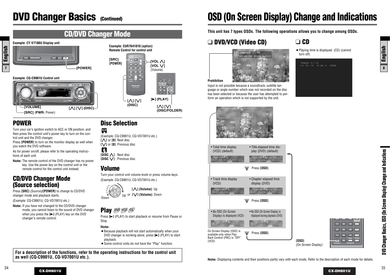 Osd (on screen display) change and indications, Dvd changer basics, Cd/dvd changer mode | Power, Cd/dvd changer mode (source selection), Disc selection, Volume, Play, Dvd/vcd (video cd), English | Panasonic CX-DH801U User Manual | Page 18 / 36